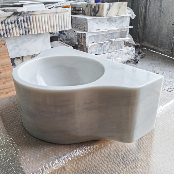Sculpted Carrara Marble Sink – Modern Round Vessel Basin for Wall Mount or Vanity Installations | Custom Natural Stone Design M6S47