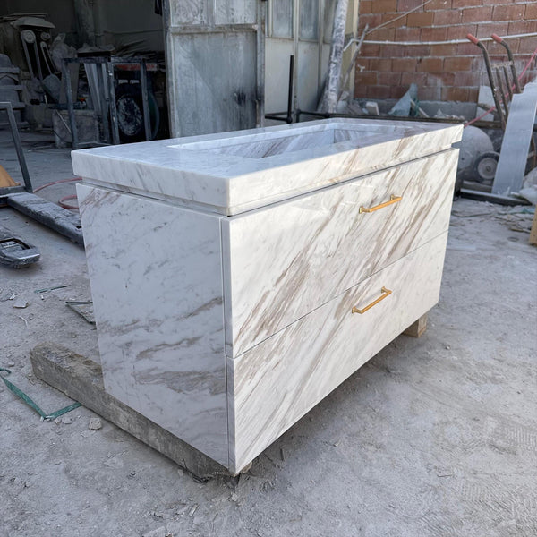 Luxury Marble Bathroom Vanity with Integrated Sink and Gold Handles – Customizable Stone Cabinet for Modern Interiors M6F29