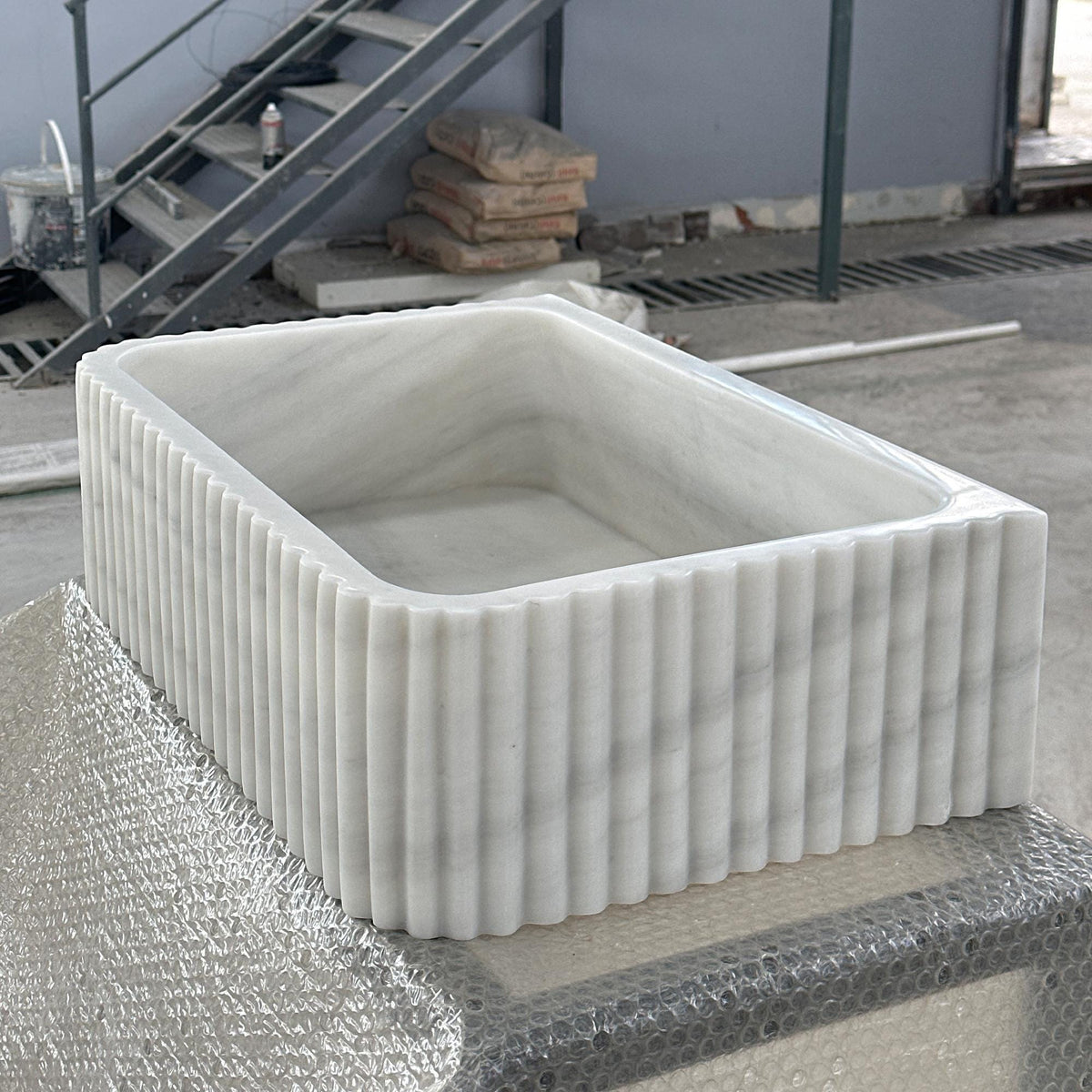 Carrara Marble Fluted Sink – Rectangular Stone Vessel for Modern Bathrooms and Vanities M6S49 — view 1