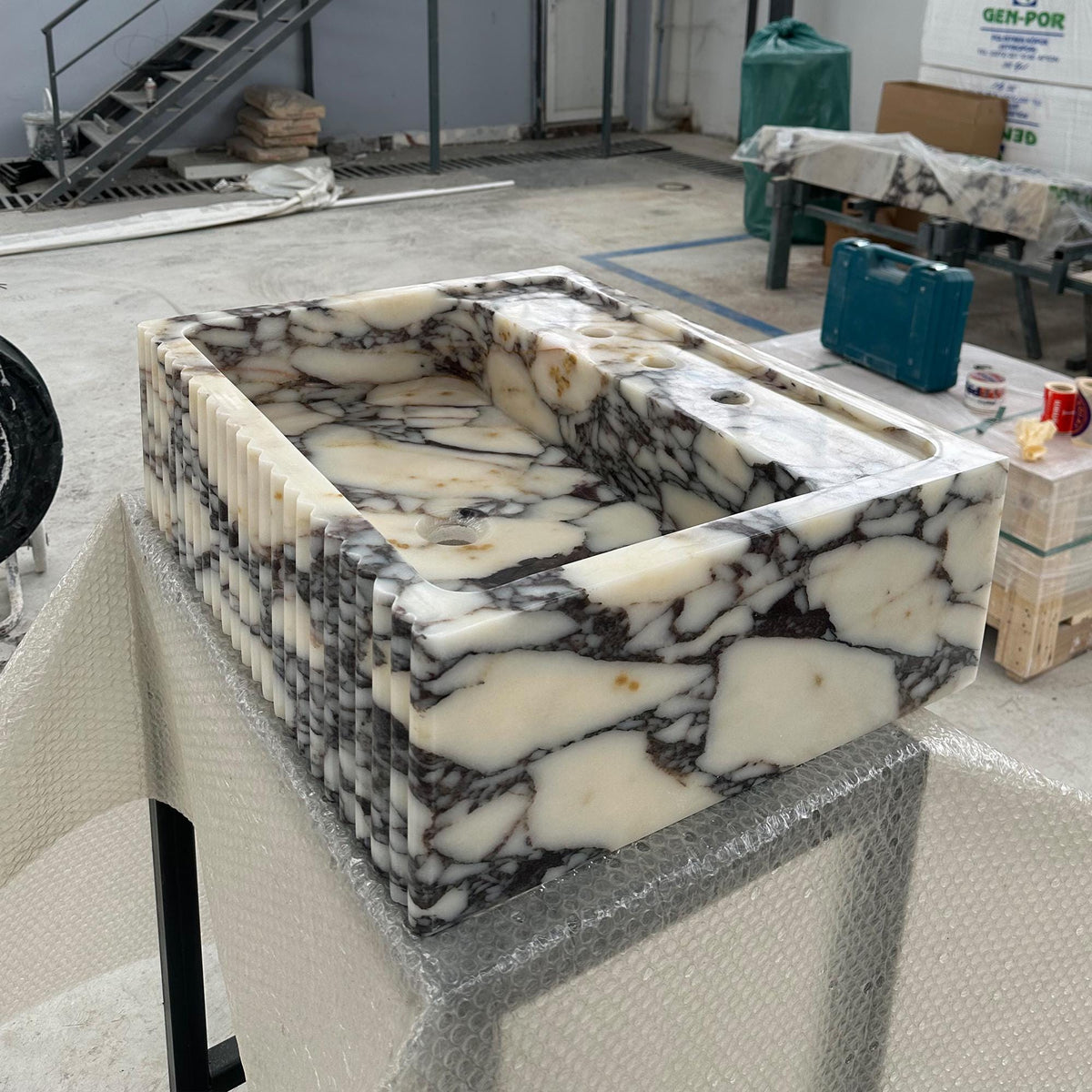Calacatta Viola Marble Sink | Small Fluted Vanity Basin | Compact Designer Stone Sink for Modern Baths M6S45 — view 4