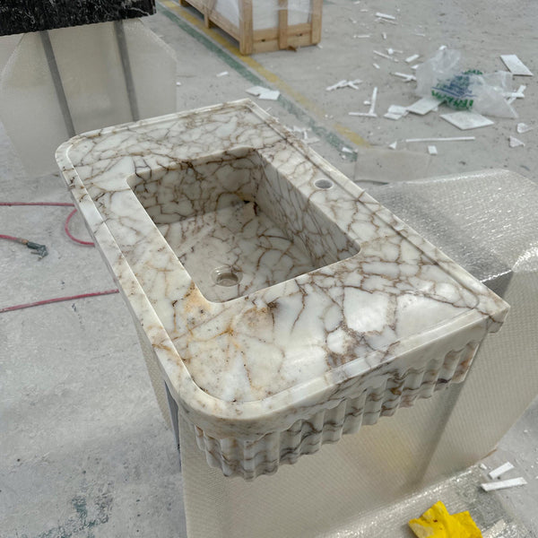 Calacatta Gold Marble Sink – Fluted Rectangular Stone Basin for Elegant Powder Rooms and Custom Vanities M6S35