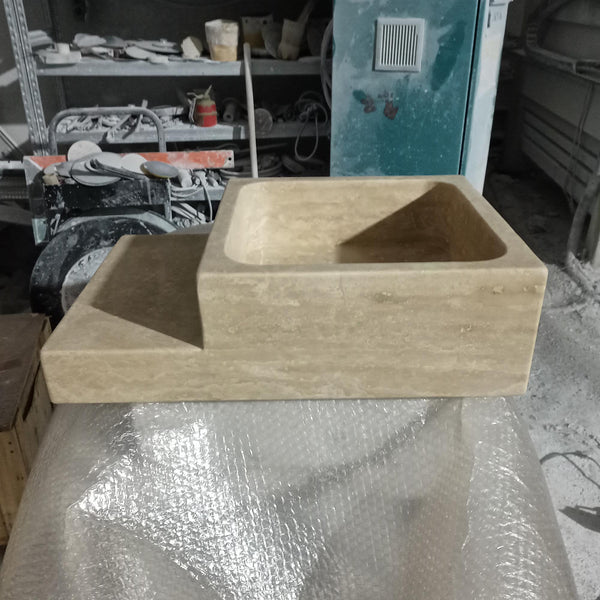 Travertine Countertop Sink with Shelf – Modern Stone Vanity for Minimalist Spaces M6S39