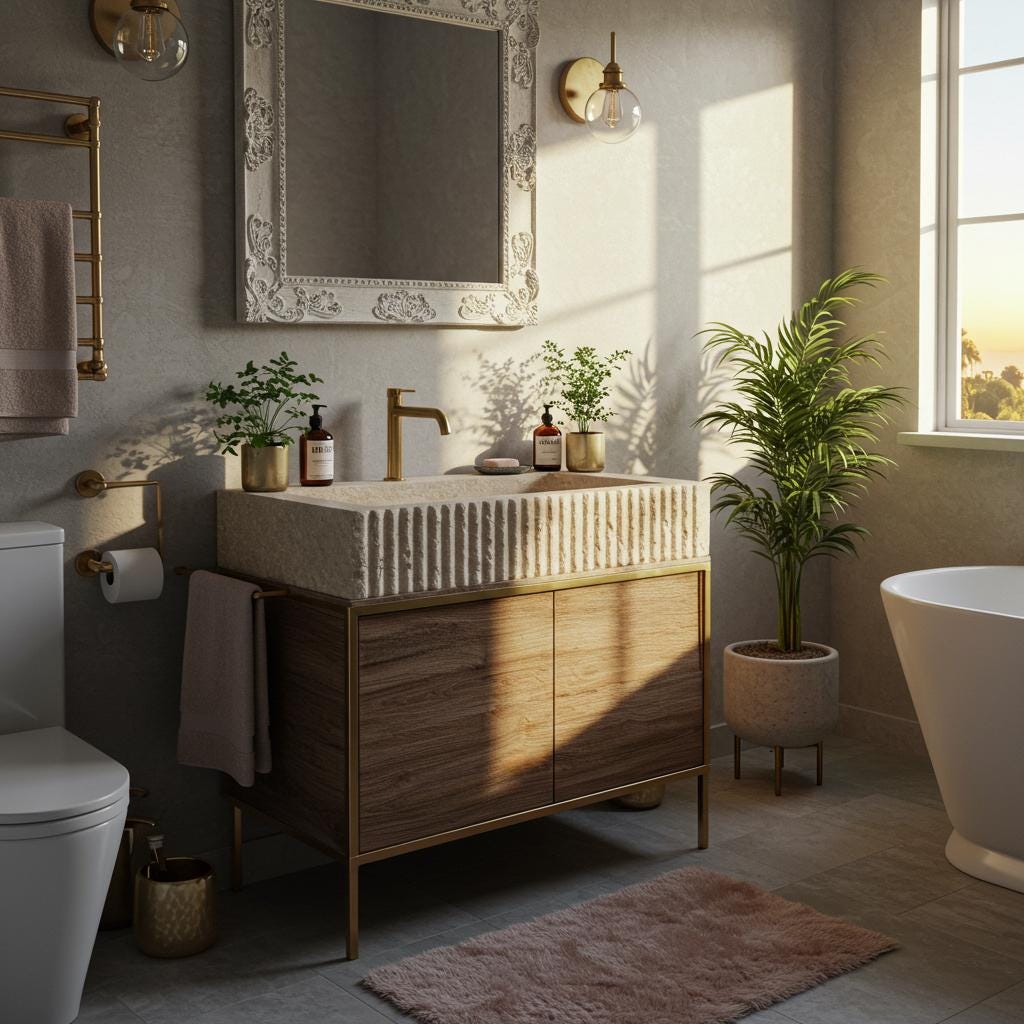 Fluted Travertine Marble Sink Vanity | Natural Stone Wall Mounted Sink with Brass & Wood | Luxury Bathroom Design M6F005 — view 1