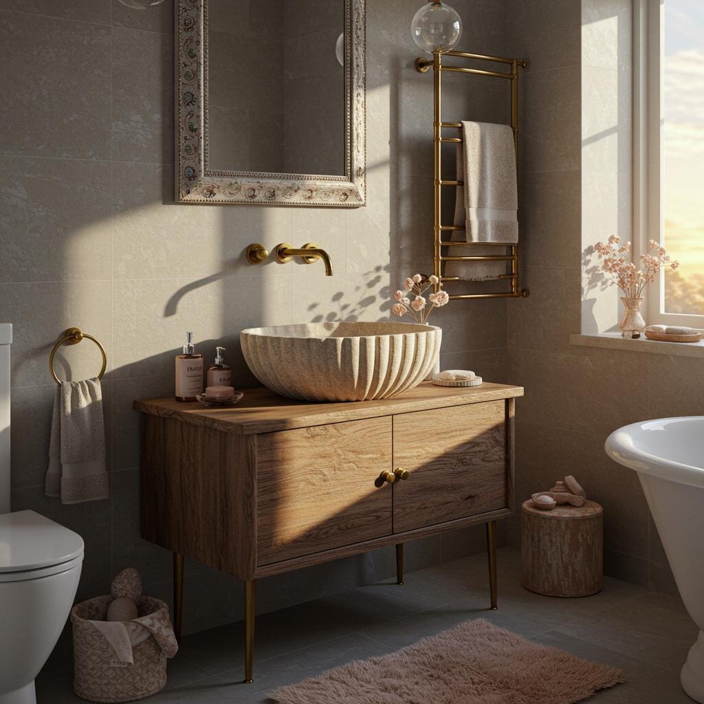 Fluted Travertine Vessel Sink | Natural Stone Marble Sink Basin | Bathroom Vanity Top | Custom Marble Sink | Floating Vanity Design M6F23 — view 1