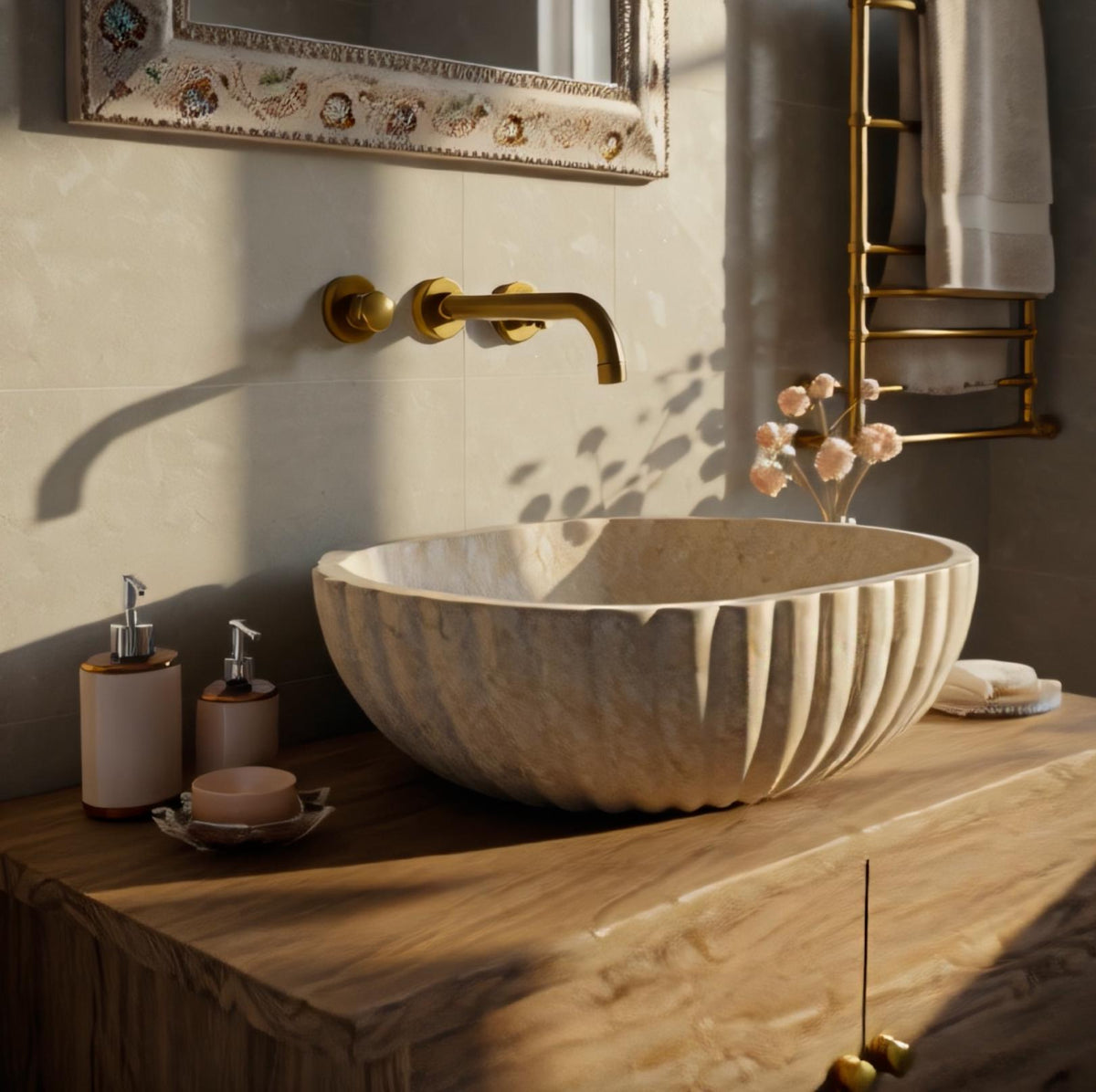 Fluted Travertine Vessel Sink | Natural Stone Marble Sink Basin | Bathroom Vanity Top | Custom Marble Sink | Floating Vanity Design M6F23 — view 4