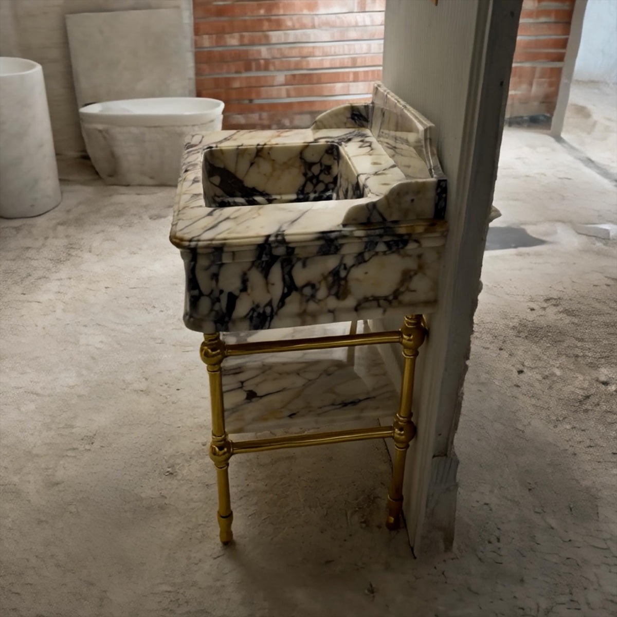 Calacatta Viola Marble Sink with Metal Base | Custom Stone Bathroom Console | Natural Marble Sink Top with Metal Legs M6M004 — view 4