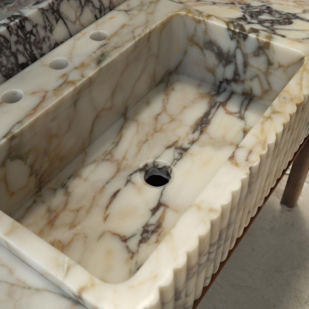 Fluted Calacatta Marble Sink with Natural Wood Vanity – Wall Mounted Stone Bathroom Basin – Custom Marble Sink with Backsplash M6M012 — view 2