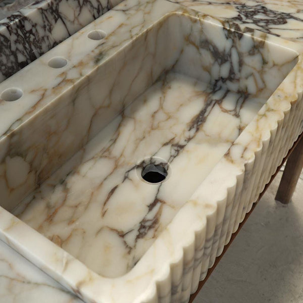 Fluted Calacatta Marble Sink with Natural Wood Vanity – Wall Mounted Stone Bathroom Basin – Custom Marble Sink with Backsplash M6M012 hover