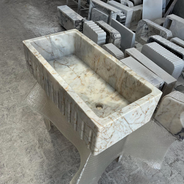 Fluted Marble Sink Basin – Custom Natural Stone Sink for Bathroom Vanity, Marble Sink Top with Vessel Design, Interior Design M6S51
