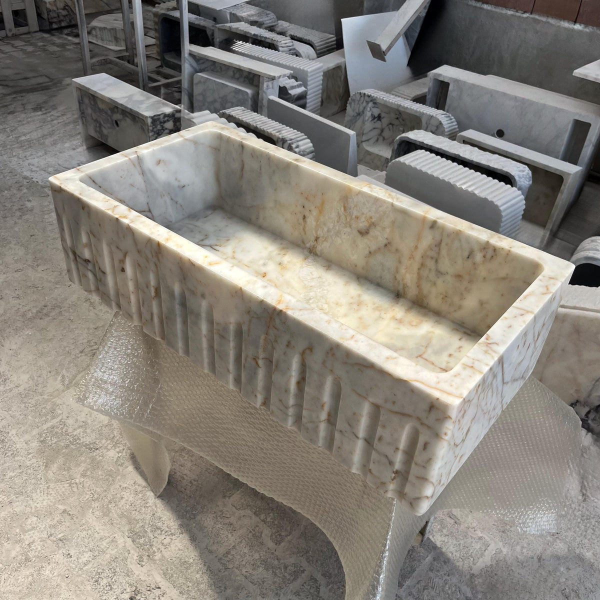 Fluted Marble Sink Basin – Custom Natural Stone Sink for Bathroom Vanity, Marble Sink Top with Vessel Design, Interior Design M6S51 — view 3