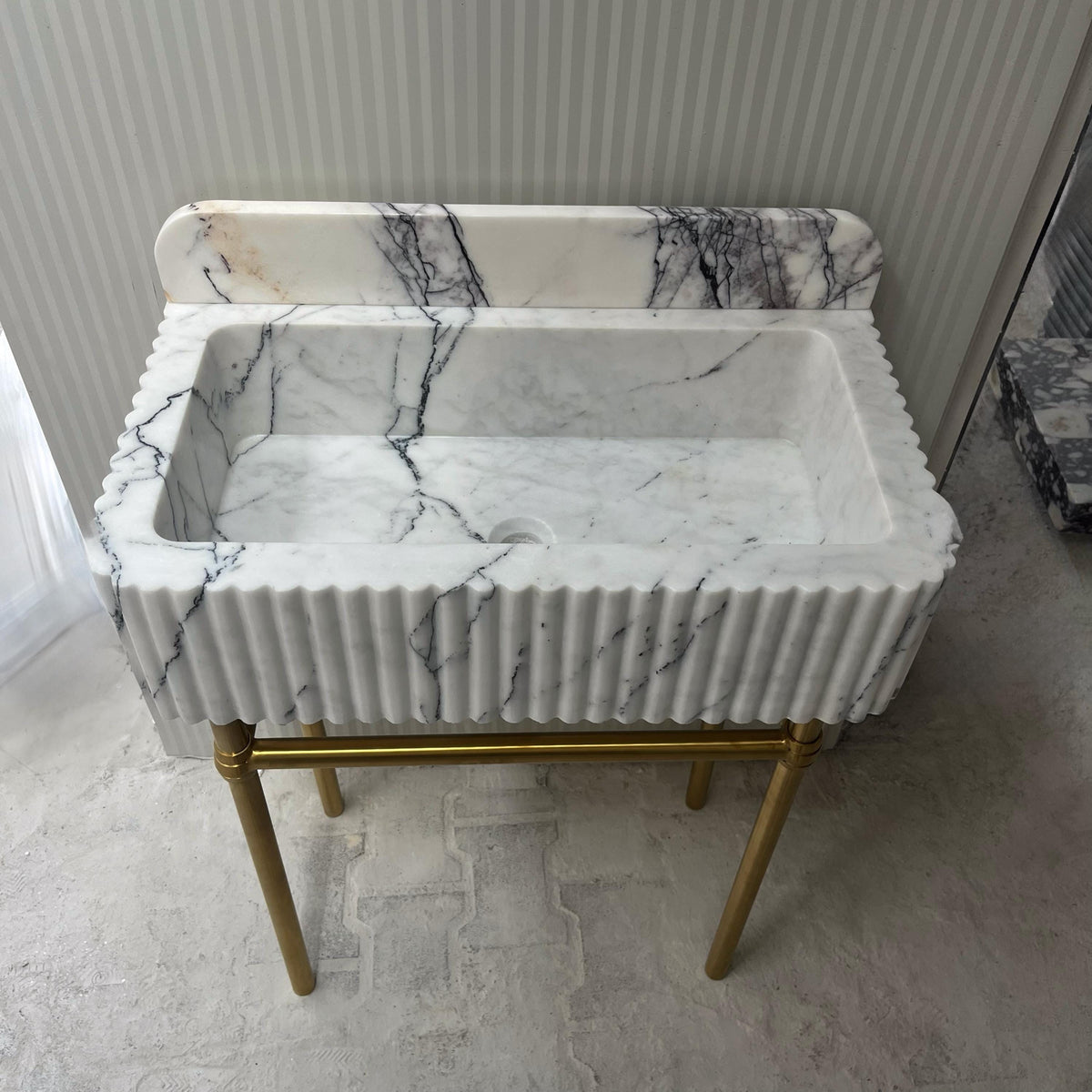 Fluted Carrara Marble Sink – White Natural Stone Sink Basin with Marble Sink Top, Wall Mounted Console for Bathroom Vanity M6M43 — view 3