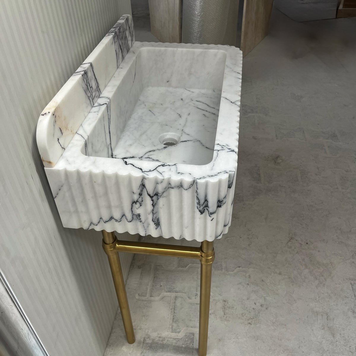 Fluted Carrara Marble Sink – White Natural Stone Sink Basin with Marble Sink Top, Wall Mounted Console for Bathroom Vanity M6M43 — view 4