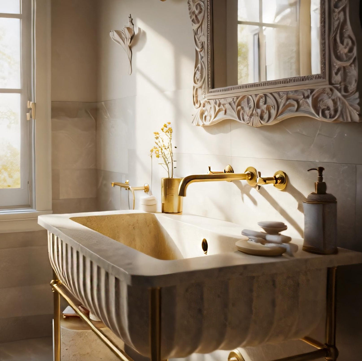 Fluted Travertine Marble Sink | Wall Mounted Vanity with Brass Legs | Natural Stone Basin for Elegant Bathroom Interiors M6M002 — view 3