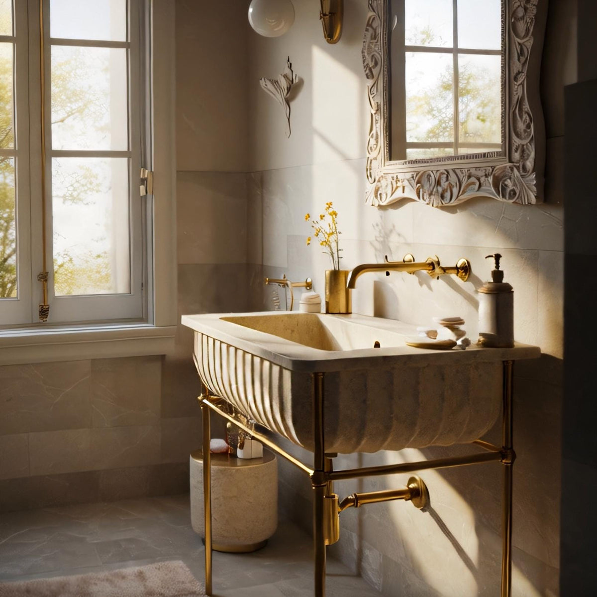 Fluted Travertine Marble Sink | Wall Mounted Vanity with Brass Legs | Natural Stone Basin for Elegant Bathroom Interiors M6M002 — view 4