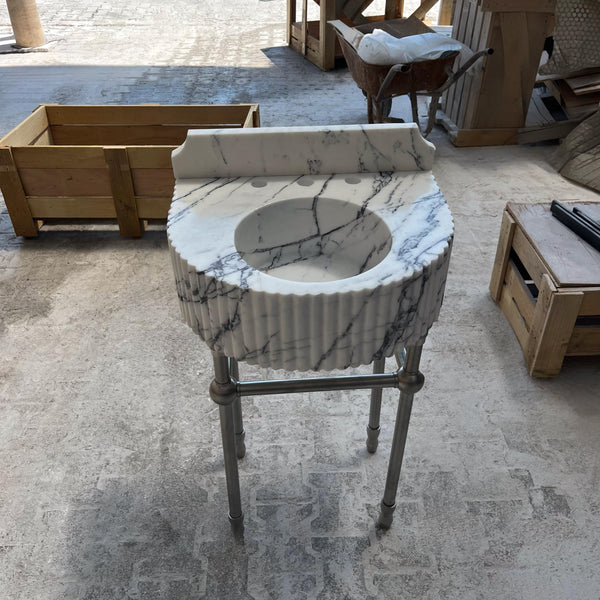 Fluted Calacatta Marble Pedestal Sink – Natural Stone Basin for Bathroom Vanity, Wall Mount or Console Sink, Luxury Marble Sink Basin M6M019