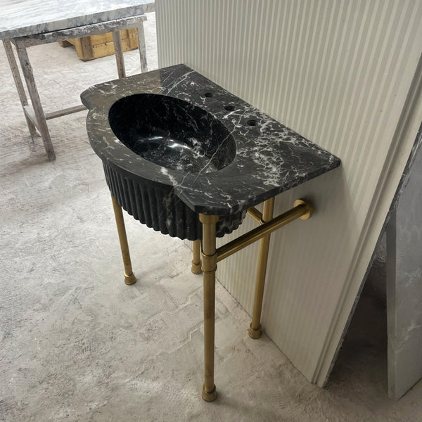 Black Marble Pedestal Sink with Brass Legs – Fluted Natural Stone Basin, Luxury Bathroom Vanity Console, Custom Marble Sink Basin M6M008