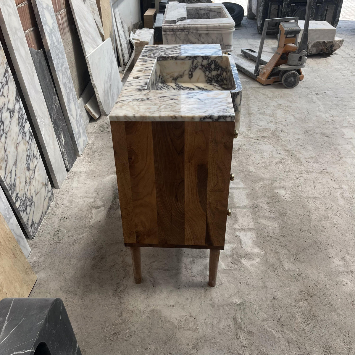 Apron Front Calacatta Viola Marble Sink with Walnut Vanity – Handmade Natural Stone Bathroom Console for Elegant Powder Room Decor M6F003 — view 4