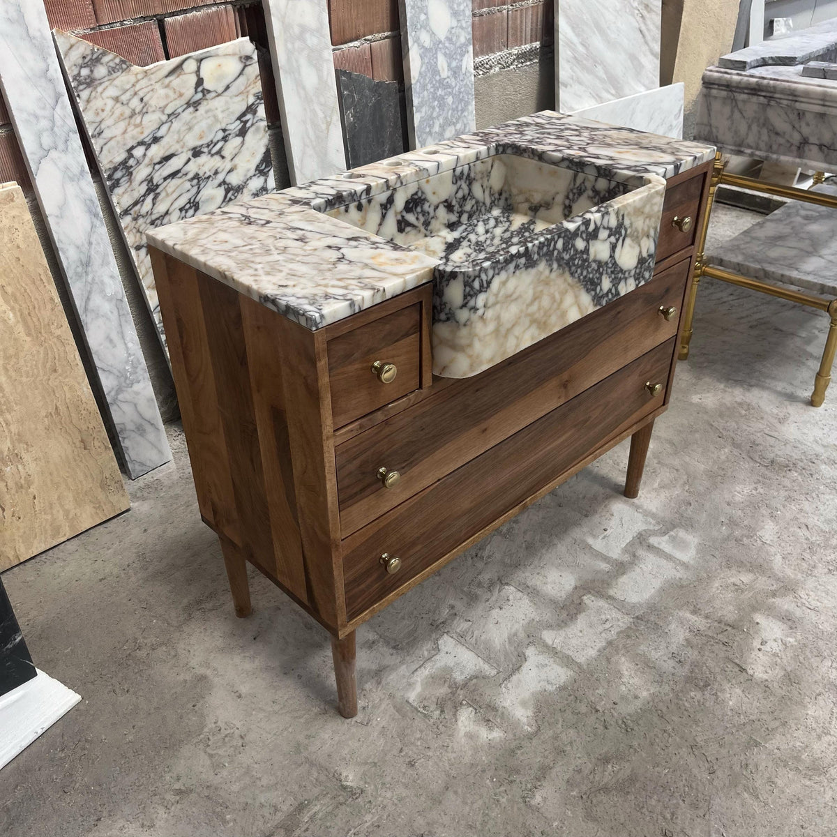 Apron Front Calacatta Viola Marble Sink with Walnut Vanity – Handmade Natural Stone Bathroom Console for Elegant Powder Room Decor M6F003 — view 3