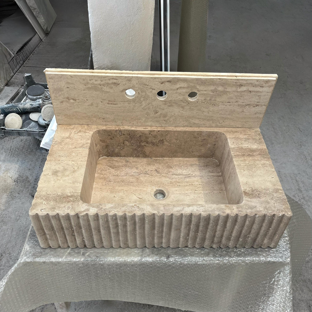Fluted Travertine Marble Sink with Backsplash – Natural Stone Vanity Sink Basin for Bathroom, Custom Rectangular Wall Mount Design M6S36 — view 1