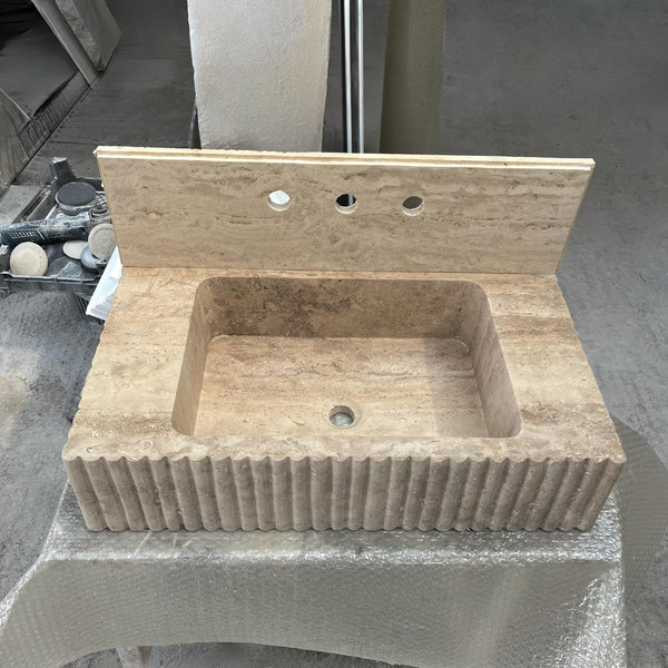 Fluted Travertine Marble Sink with Backsplash – Natural Stone Vanity Sink Basin for Bathroom, Custom Rectangular Wall Mount Design M6S36