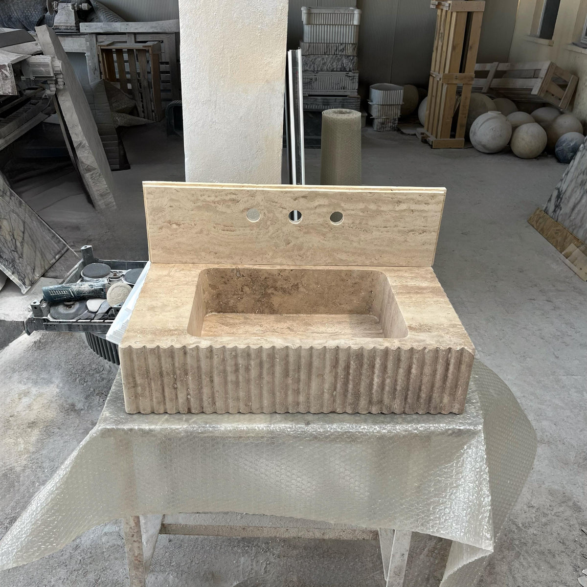 Fluted Travertine Marble Sink with Backsplash – Natural Stone Vanity Sink Basin for Bathroom, Custom Rectangular Wall Mount Design M6S36 — view 5