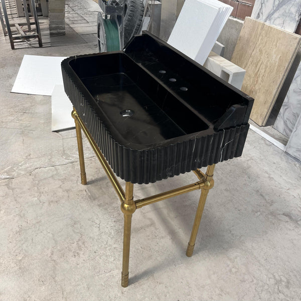 Black Marble Sink with Brass Console – Fluted Pietre Notte Stone Vanity Basin, Wall Mount Bathroom Sink for Luxury Interior Design M6M017
