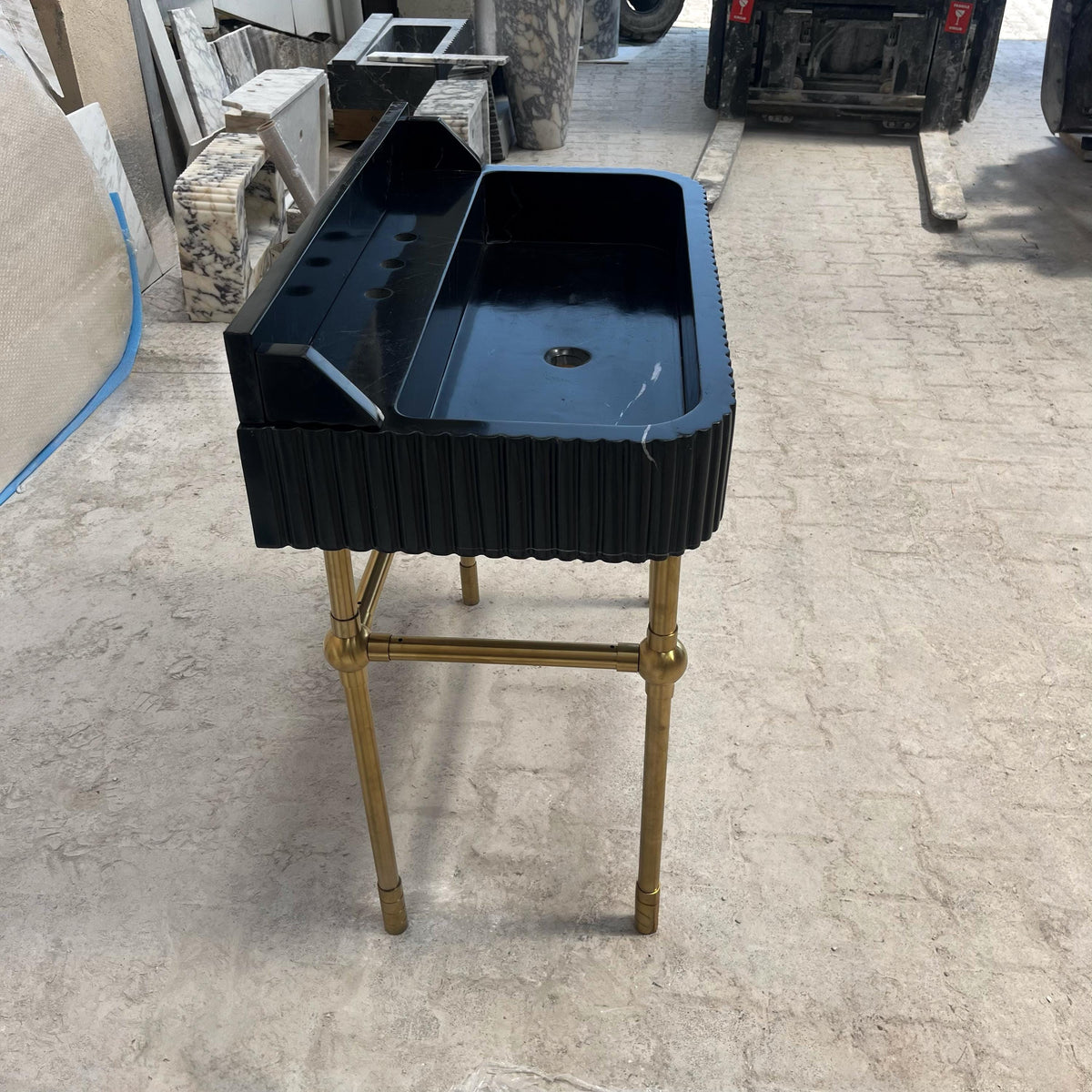 Black Marble Sink with Brass Console – Fluted Pietre Notte Stone Vanity Basin, Wall Mount Bathroom Sink for Luxury Interior Design M6M017 — view 4