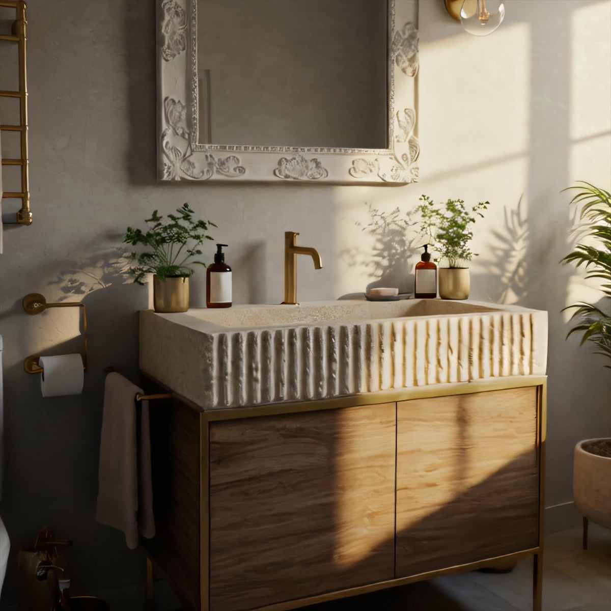 Fluted Travertine Marble Sink Vanity | Natural Stone Wall Mounted Sink with Brass & Wood | Luxury Bathroom Design M6F005 — view 4