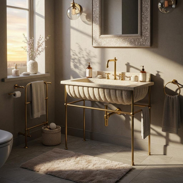 Travertine Wall Vanity Sink | Fluted Natural Stone Basin on Brass Legs | Timeless Bathroom Design Accent M6M22