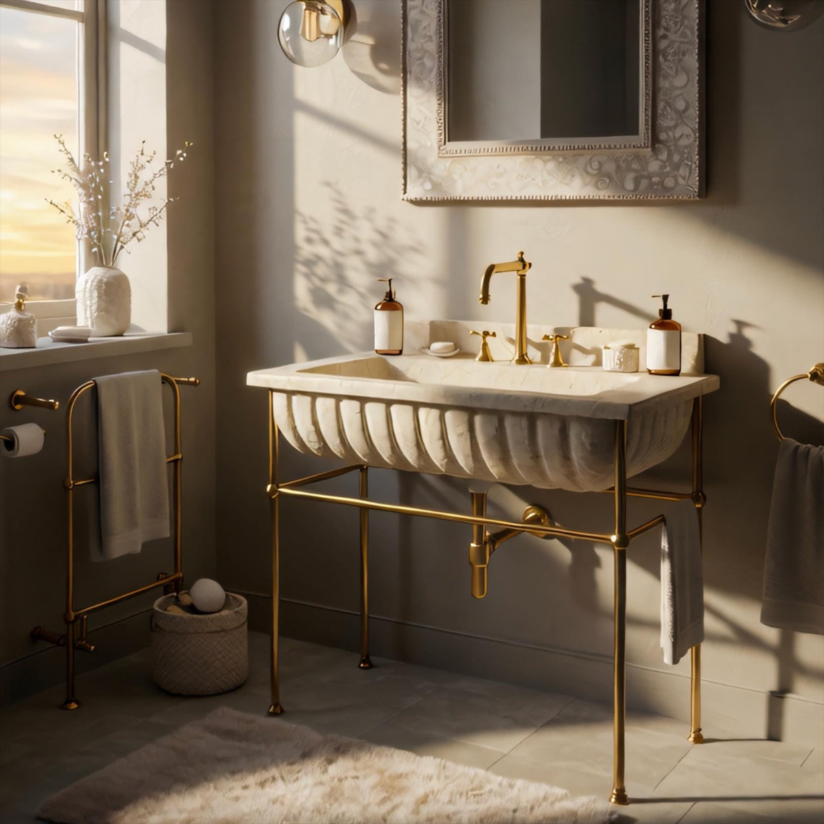 Travertine Wall Vanity Sink | Fluted Natural Stone Basin on Brass Legs | Timeless Bathroom Design Accent M6M22 — view 3