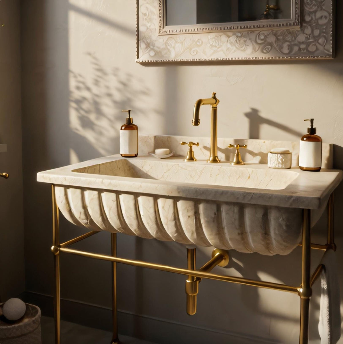 Travertine Wall Vanity Sink | Fluted Natural Stone Basin on Brass Legs | Timeless Bathroom Design Accent M6M22 — view 4