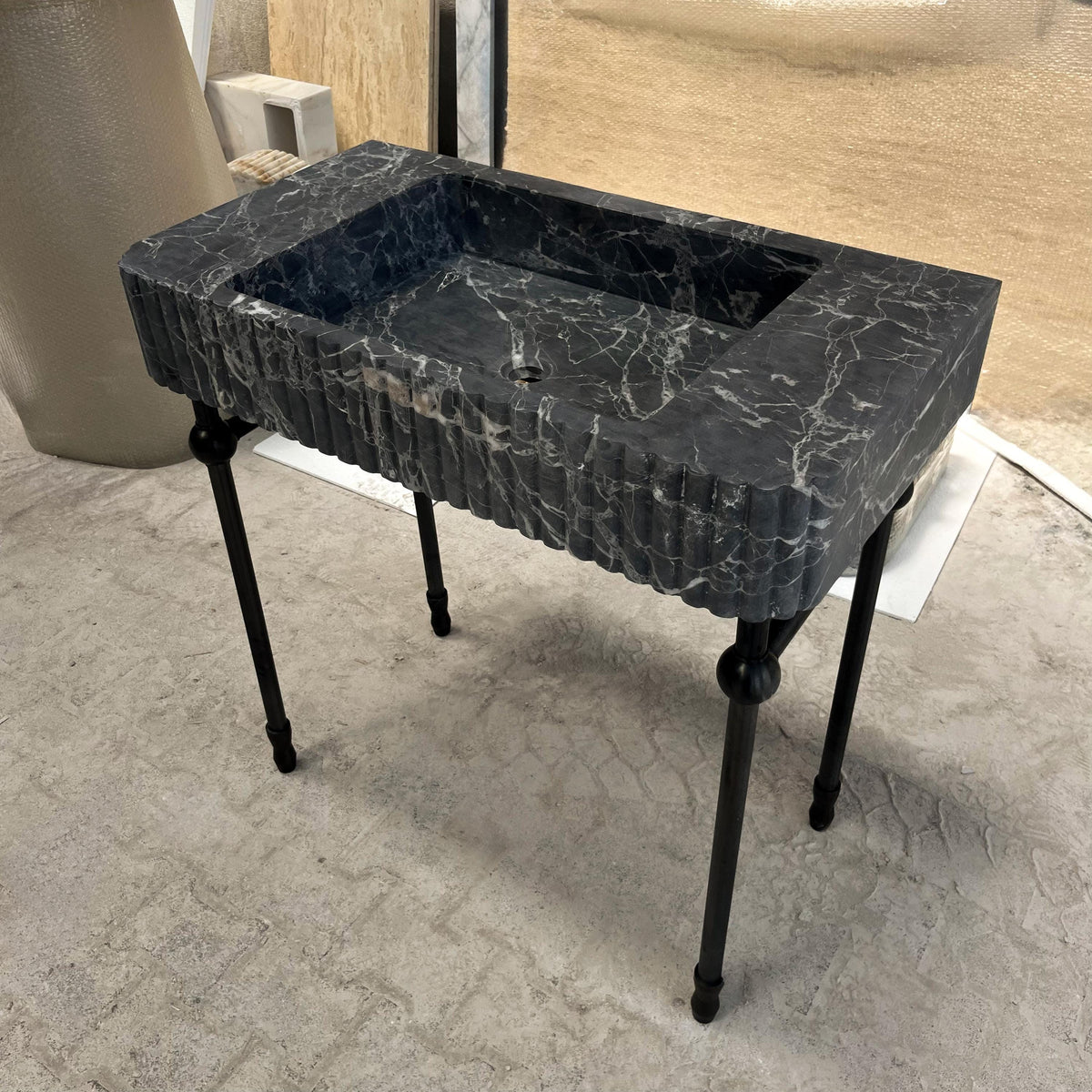 Fluted Pietre Notte Marble Sink Basin – Black Natural Stone Vessel Sink for Bathroom Vanity, Wall-Mount Floating Stone Sink M6S34 — view 4