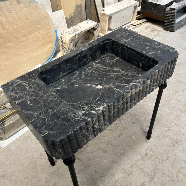 Fluted Pietre Notte Marble Sink Basin – Black Natural Stone Vessel Sink for Bathroom Vanity, Wall-Mount Floating Stone Sink M6S34