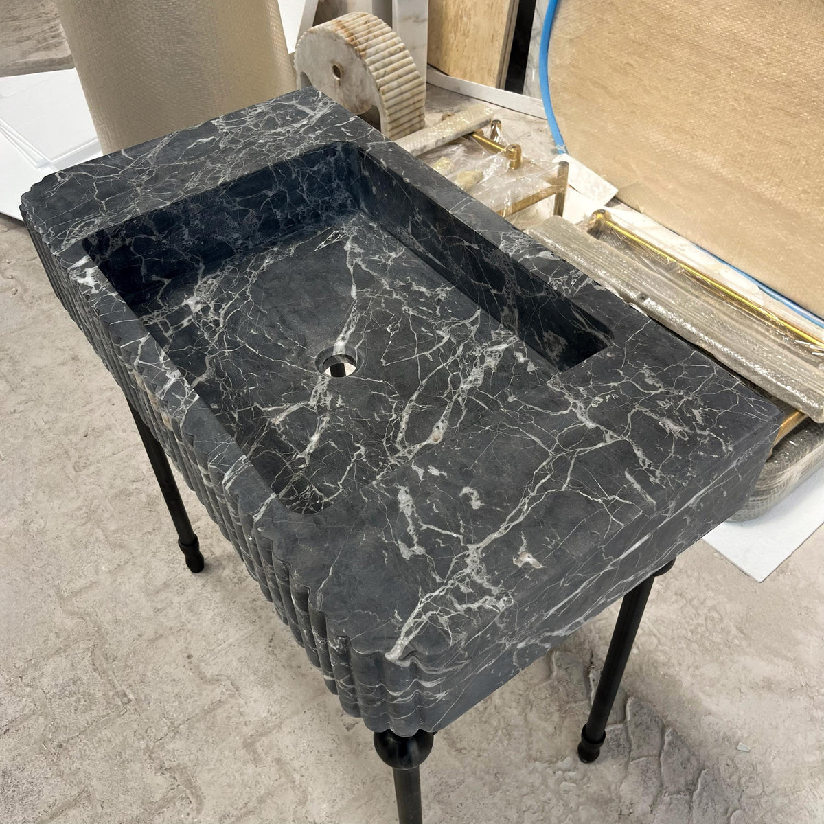 Fluted Pietre Notte Marble Sink Basin – Black Natural Stone Vessel Sink for Bathroom Vanity, Wall-Mount Floating Stone Sink M6S34 — view 3