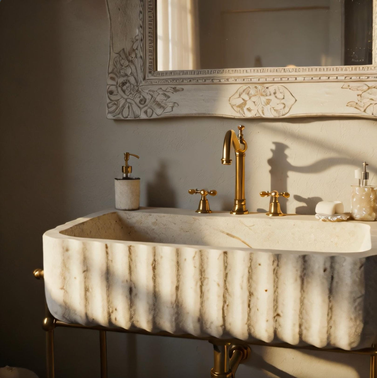 Fluted Travertine Marble Sink | Wall Mounted Vanity with Gold Frame | Natural Stone Basin for Elegant Bathroom Interiors M6M018 — view 5