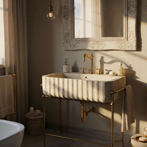 Fluted Travertine Marble Sink | Wall Mounted Vanity with Gold Frame | Natural Stone Basin for Elegant Bathroom Interiors M6M018 hover