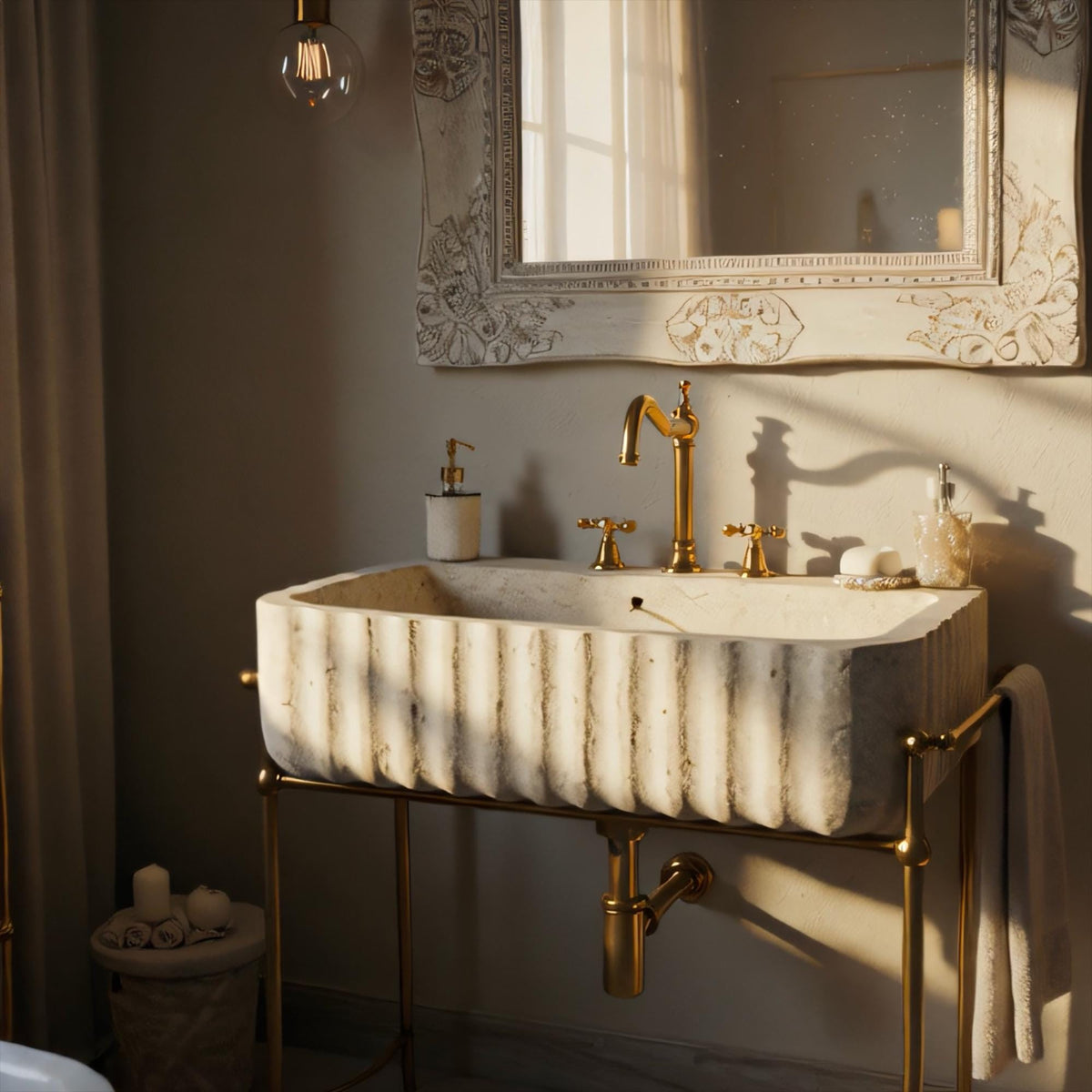 Fluted Travertine Marble Sink | Wall Mounted Vanity with Gold Frame | Natural Stone Basin for Elegant Bathroom Interiors M6M018 — view 4