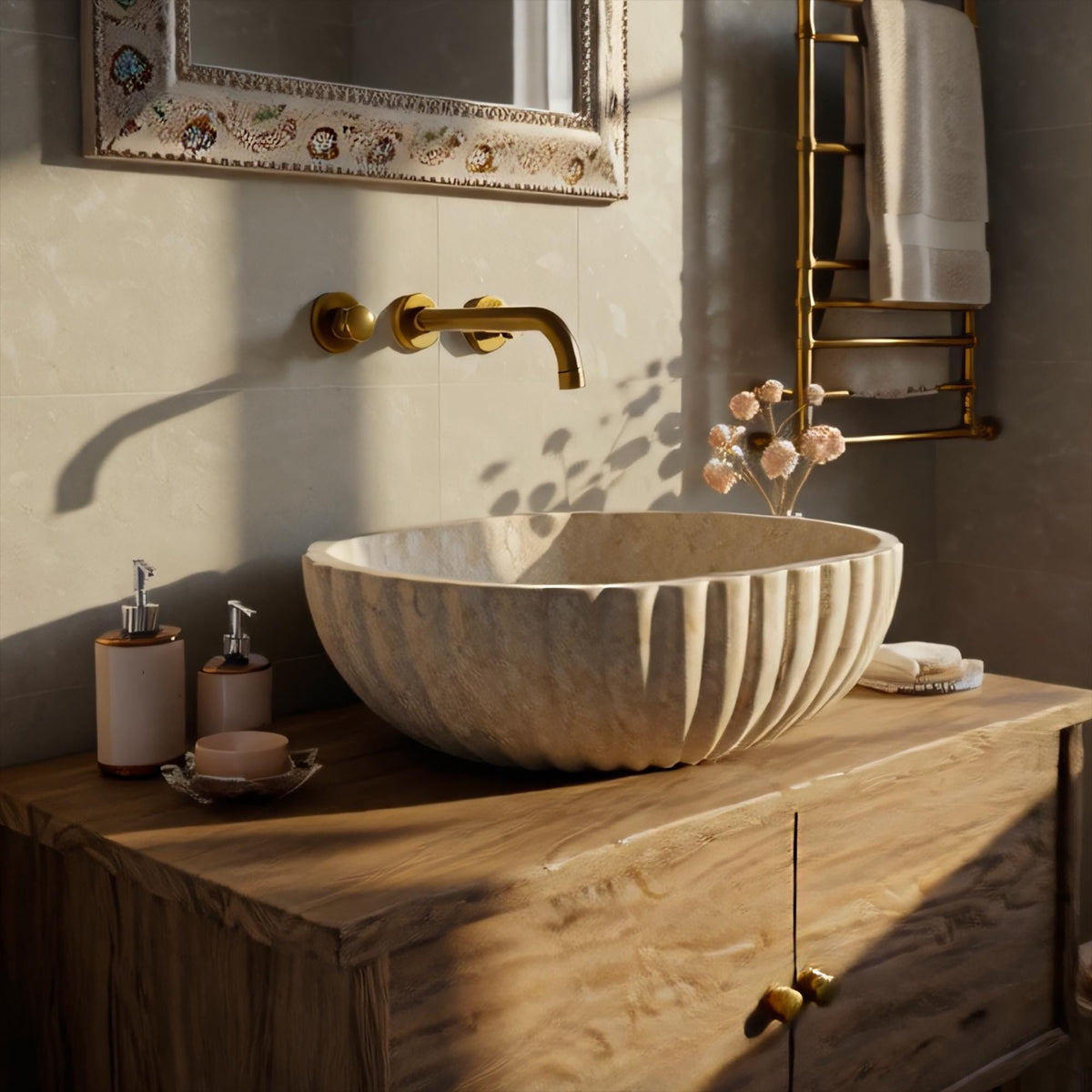 Fluted Travertine Vessel Sink | Natural Stone Marble Sink Basin | Bathroom Vanity Top | Custom Marble Sink | Floating Vanity Design M6F23 — view 3