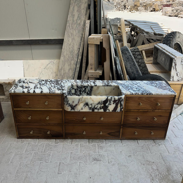 Luxury Calacatta Viola Marble Sink with Brass Base | Bathroom Vanity Console | Natural Stone Sink Basin for Interior Design M6F006