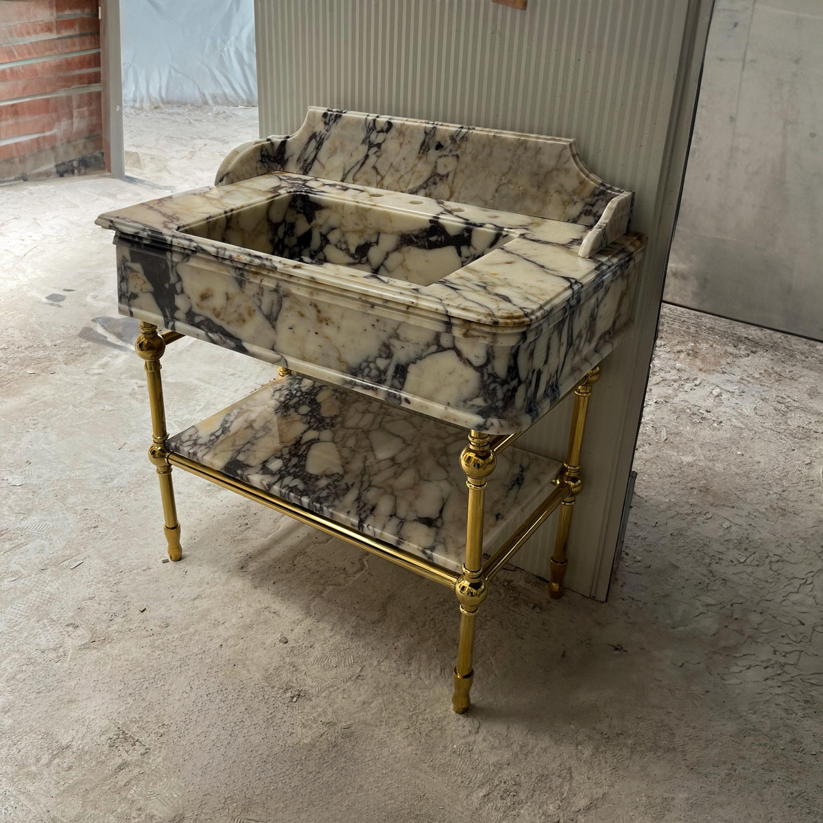 Calacatta Viola Marble Sink with Metal Base | Custom Stone Bathroom Console | Natural Marble Sink Top with Metal Legs M6M004 — view 3