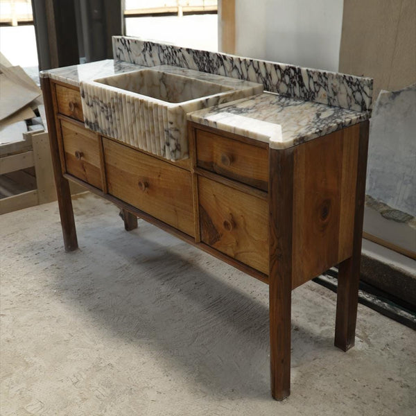 Fluted Calacatta Marble Sink with Natural Wood Vanity – Wall Mounted Stone Bathroom Basin – Custom Marble Sink with Backsplash M6M012