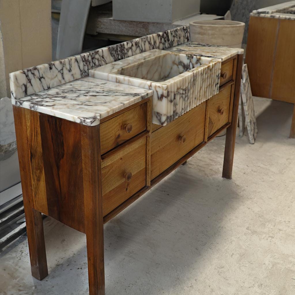 Fluted Calacatta Marble Sink with Natural Wood Vanity – Wall Mounted Stone Bathroom Basin – Custom Marble Sink with Backsplash M6M012 — view 4