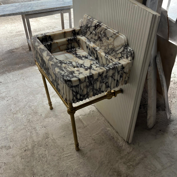 Fluted Calacatta Viola Marble Sink with Backsplash – Brass Base Console Vanity for Luxury Bathroom & Powder Room Design M6S011 hover