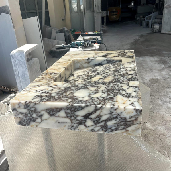 Amber Viola Calacatta Marble Wall Mounted Sink – Natural Stone Vanity Top Basin for Luxury Bathroom, Floating Console Vessel Sink M6S40 hover