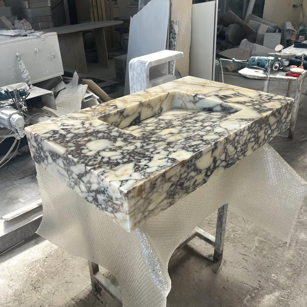 Amber Viola Calacatta Marble Wall Mounted Sink – Natural Stone Vanity Top Basin for Luxury Bathroom, Floating Console Vessel Sink M6S40