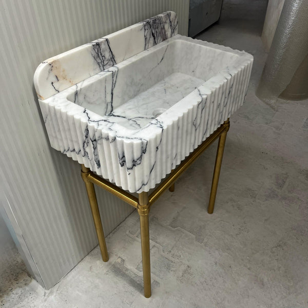 Fluted Carrara Marble Sink – White Natural Stone Sink Basin with Marble Sink Top, Wall Mounted Console for Bathroom Vanity M6M43