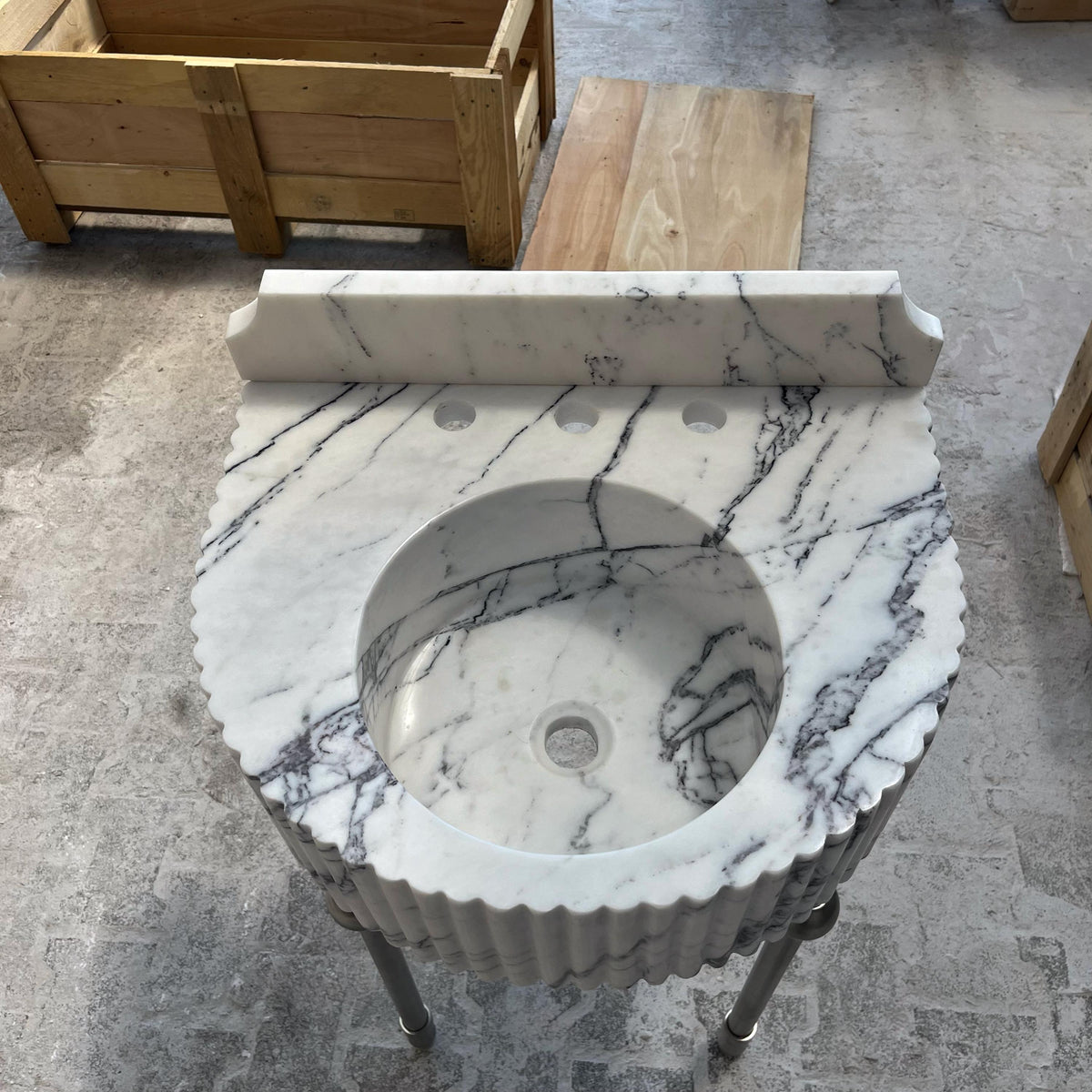 Fluted Calacatta Marble Pedestal Sink – Natural Stone Basin for Bathroom Vanity, Wall Mount or Console Sink, Luxury Marble Sink Basin M6M019 — view 4
