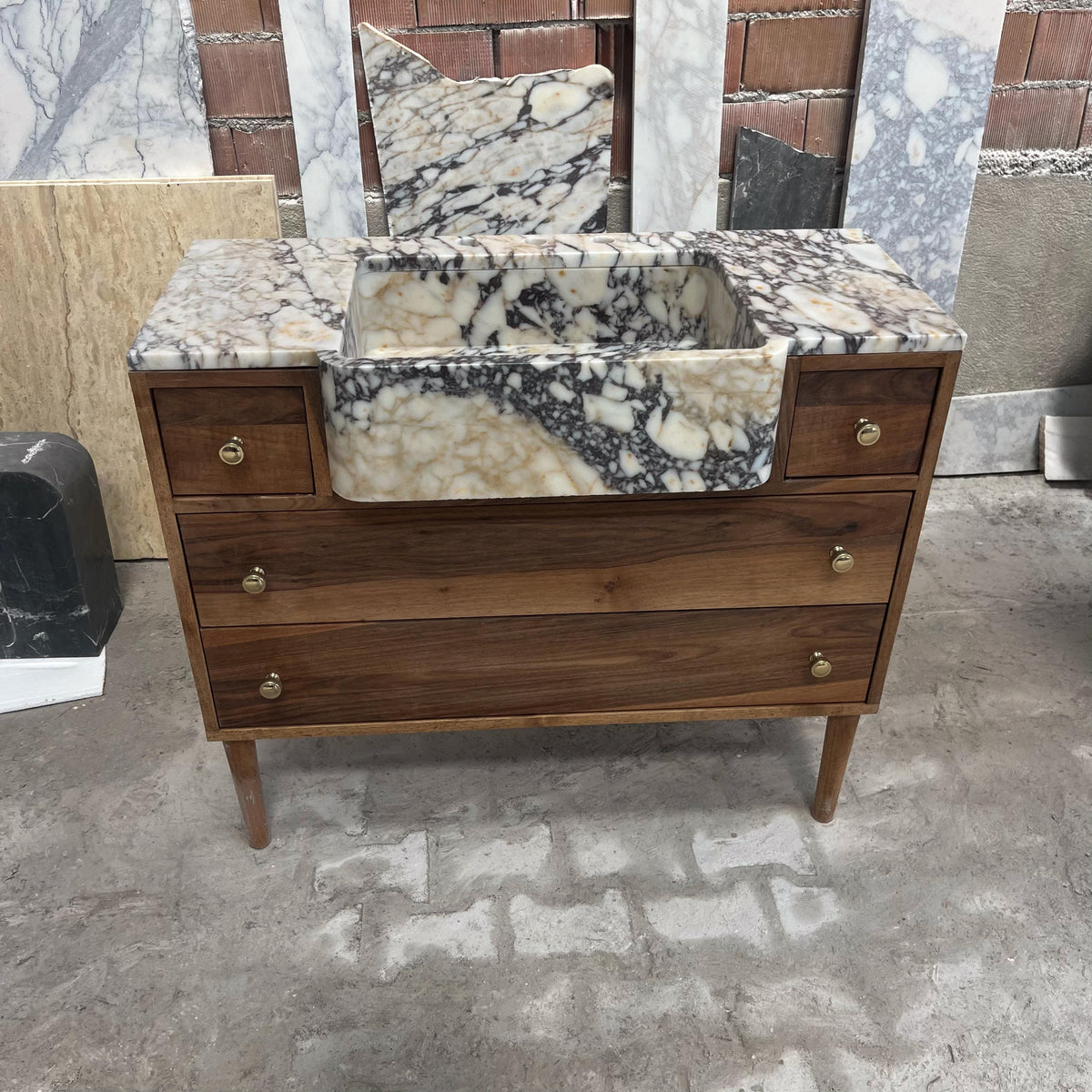 Apron Front Calacatta Viola Marble Sink with Walnut Vanity – Handmade Natural Stone Bathroom Console for Elegant Powder Room Decor M6F003 — view 1