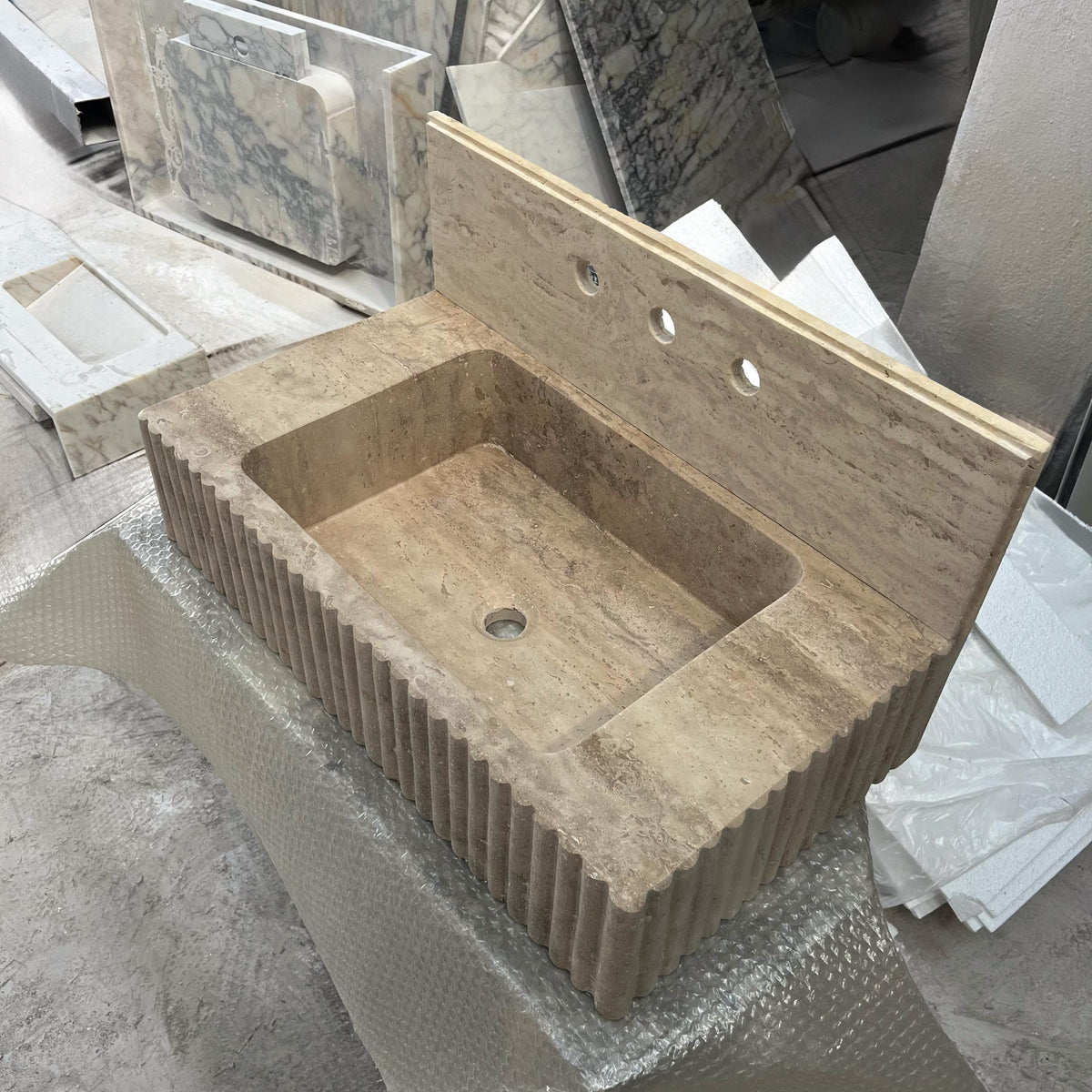 Fluted Travertine Marble Sink with Backsplash – Natural Stone Vanity Sink Basin for Bathroom, Custom Rectangular Wall Mount Design M6S36 — view 2