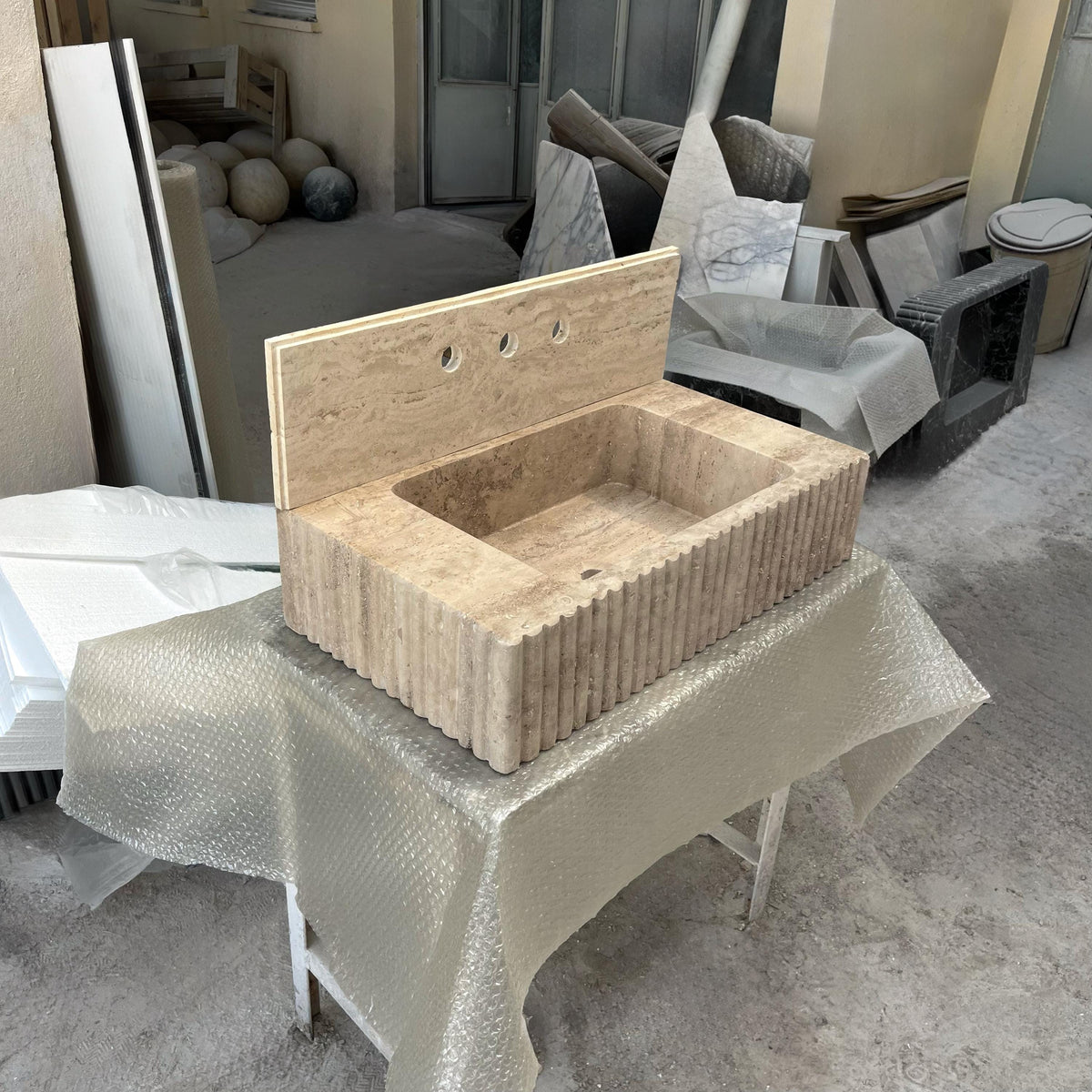 Fluted Travertine Marble Sink with Backsplash – Natural Stone Vanity Sink Basin for Bathroom, Custom Rectangular Wall Mount Design M6S36 — view 4